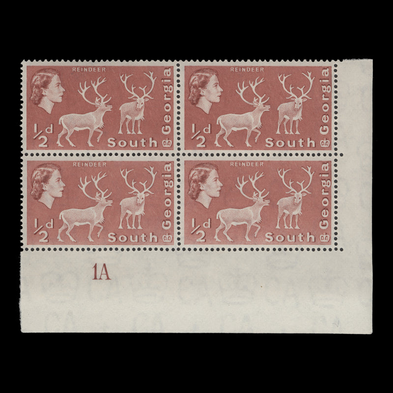 South Georgia 1967 (MNH) ½d Reindeer plate 1A block