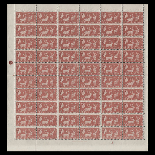 South Georgia 1967 (MNH) ½d Reindeer plate 1A pane of 60 stamps, perf 14 x 15