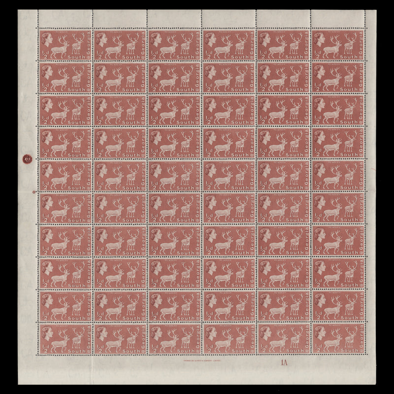 South Georgia 1967 (MNH) ½d Reindeer plate 1A pane of 60 stamps, perf 14 x 15