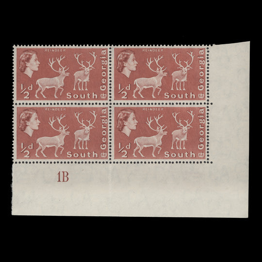 South Georgia 1967 (MNH) ½d Reindeer plate 1B block
