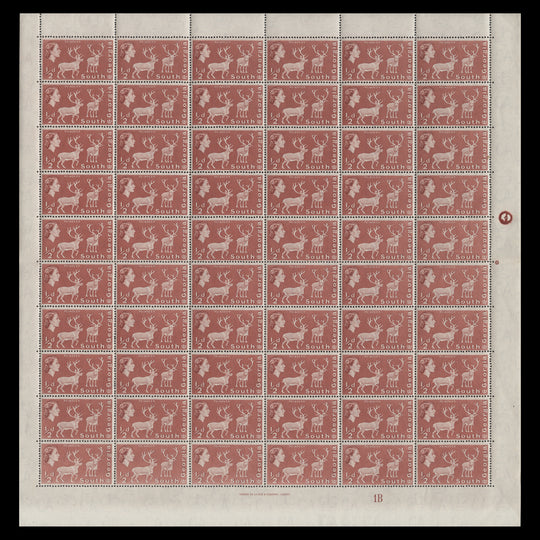 South Georgia 1967 (MNH) ½d Reindeer plate 1B pane of 60 stamps, perf 14 x 15