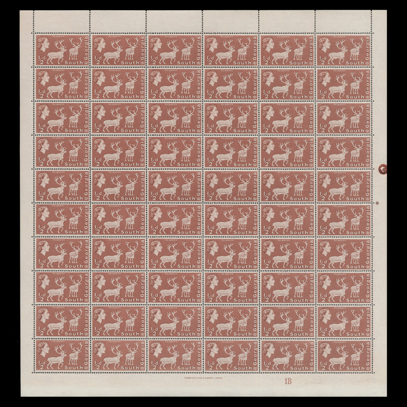 South Georgia 1970 (MNH) ½d Reindeer plate 1B pane of 60 stamps, sideways watermark