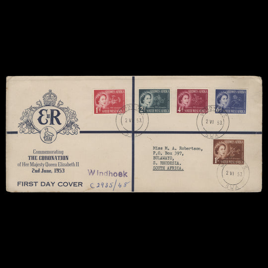 South West Africa 1953 Coronation first day cover, WINDHOEK
