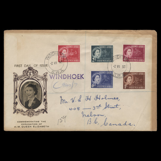South West Africa 1953 Coronation first day cover with cachet portrait shift
