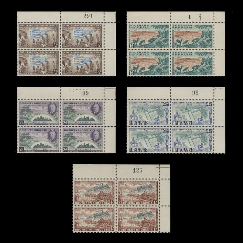 Southern Rhodesia 1953 (MNH) Rhodes Centenary sheet number blocks