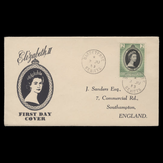 St Christopher Nevis Anguilla 1953 Coronation first day cover, BASSATERRE