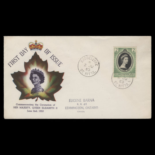 St Christopher Nevis Anguilla 1953 Coronation first day cover, BASSETERRE