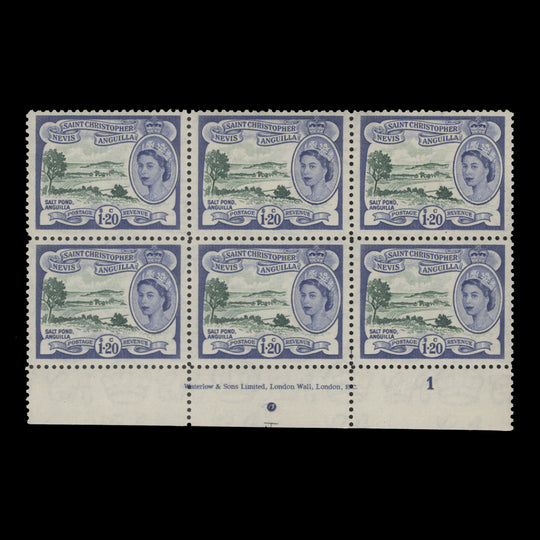 St Christopher Nevis Anguilla 1954 (MLH) $1.20 Salt Pond imprint block, Waterlow