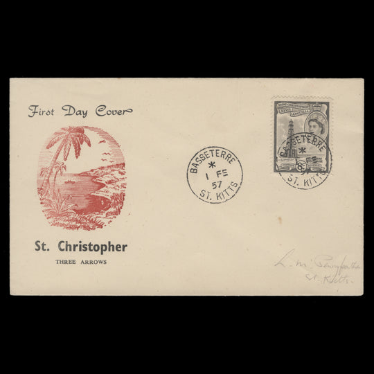 St Christopher Nevis Anguilla 1957 8c Sombrero Lighthouse first day cover, BASSETERRE