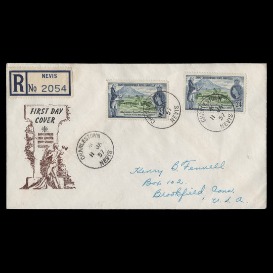St Christopher Nevis Anguilla 1957 Alexander Hamilton first day cover, CHARLESTOWN