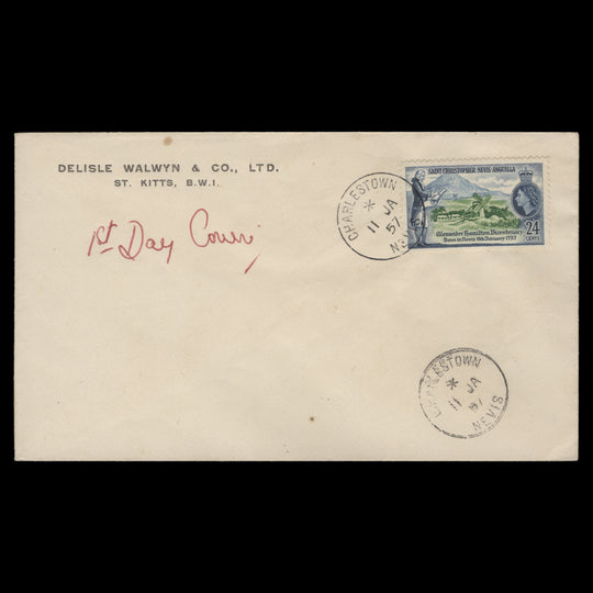 St Christopher Nevis Anguilla 1957 Alexander Hamilton first day cover, CHARLESTOWN