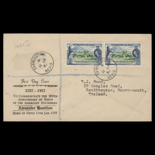 St Christopher Nevis Anguilla 1957 Alexander Hamilton first day cover, CHARLESTOWN
