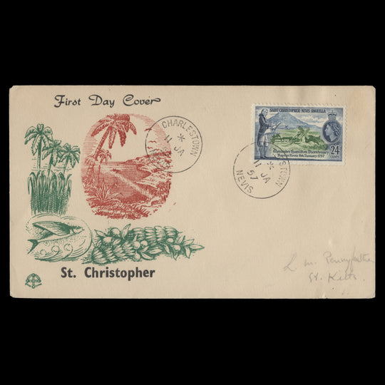 St Christopher Nevis Anguilla 1957 Alexander Hamilton first day cover, CHARLESTOWN