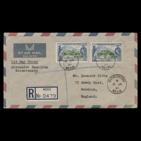 St Christopher Nevis Anguilla 1957 Alexander Hamilton first day cover, CHARLESTOWN