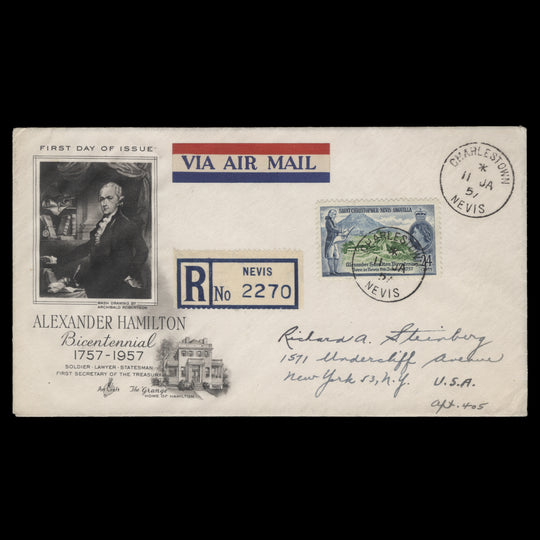 St Christopher Nevis Anguilla 1957 Alexander Hamilton first day cover, CHARLESTOWN
