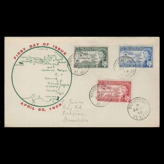 St Christopher Nevis Anguilla 1958 West Indies Federation first day cover, BASSETERRE