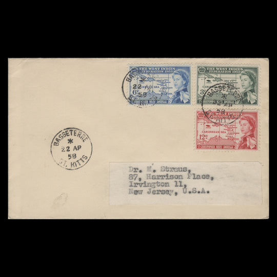 St Christopher Nevis Anguilla 1958 West Indies Federation first day cover, BASSETERRE
