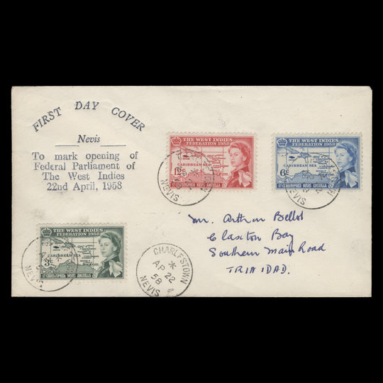 St Christopher Nevis Anguilla 1958 West Indies Federation first day cover, CHARLESTOWN