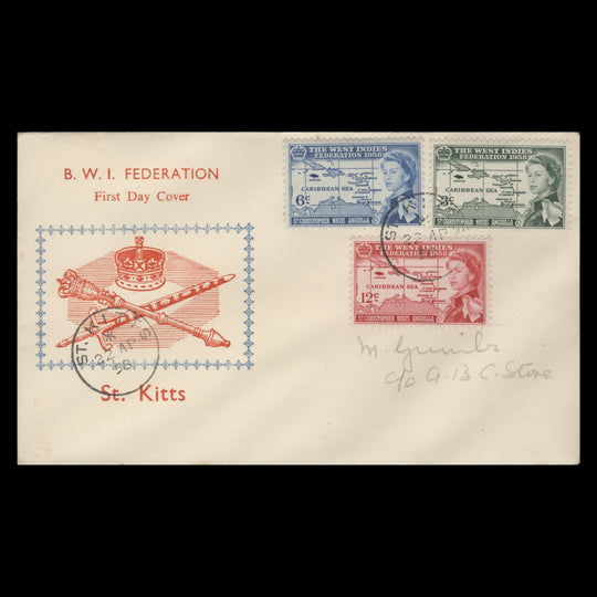 St Christopher Nevis Anguilla 1958 West Indies Federation first day cover, ST KITTS