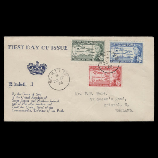 St Christopher Nevis Anguilla 1958 West Indies Federation first day cover, ST KITTS