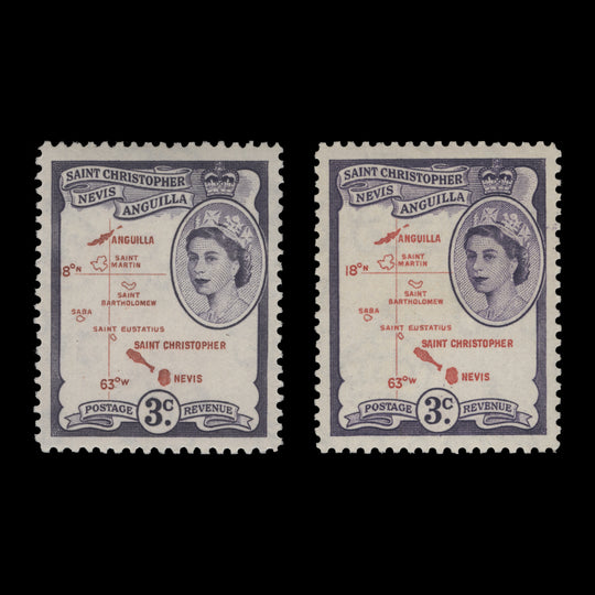 St Christopher Nevis Anguilla 1963 (MNH) 3c Map of the Islands shade, De La Rue