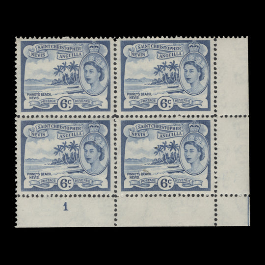St Christopher Nevis Anguilla 1963 (MNH) 6c Pinney's Beach plate block, blue