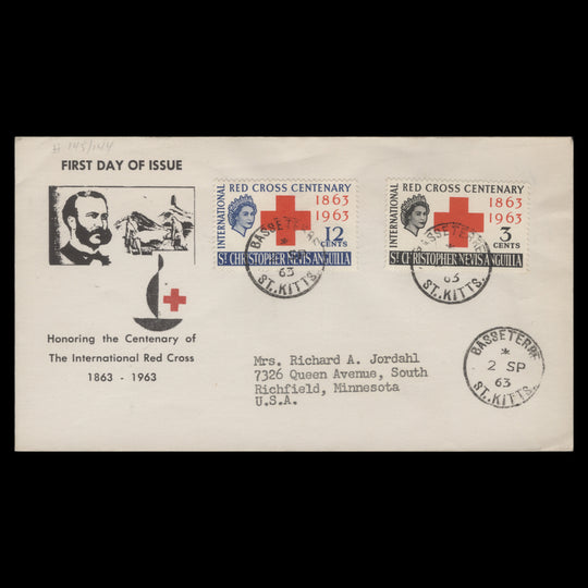 St Christopher Nevis Anguilla 1963 Red Cross Centenary first day cover, BASSETERRE