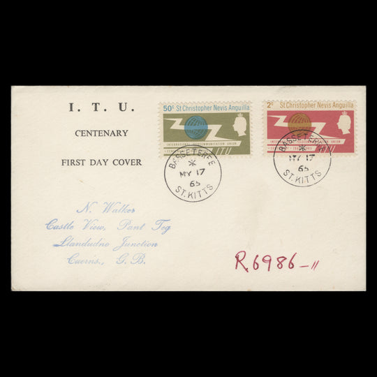 St Christopher Nevis Anguilla 1965 ITU Centenary first day cover, BASSETERRE