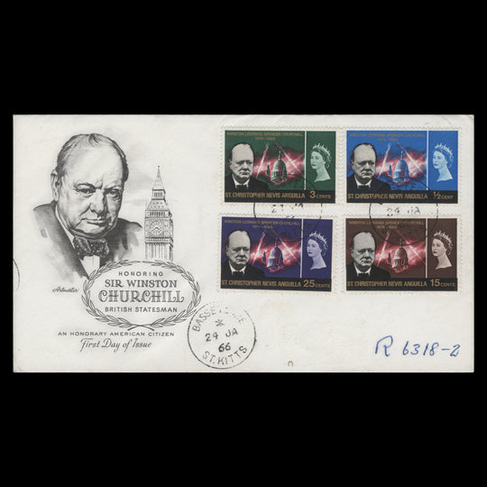St Christopher Nevis Anguilla 1966 Churchill Commemoration first day cover, BASSETERRE