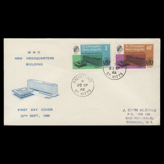 St Christopher Nevis Anguilla 1966 Inauguration of WHO Headquarters first day cover, BASSETERRE