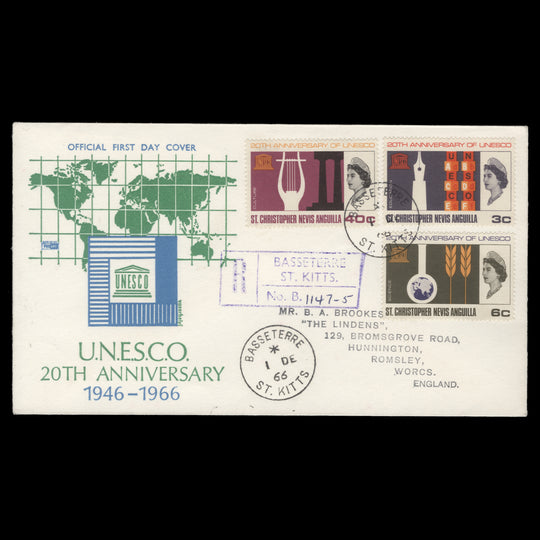 St Christopher Nevis Anguilla 1966 UNESCO Anniversary first day cover, BASSETERRE