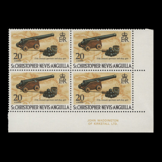 St Christopher Nevis Anguilla 1970 (MNH) 20c Cannon imprint block
