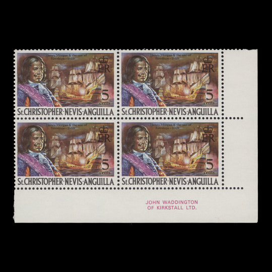 St Christopher Nevis Anguilla 1970 (MNH) 5c Henry Morgan and Fireships imprint block