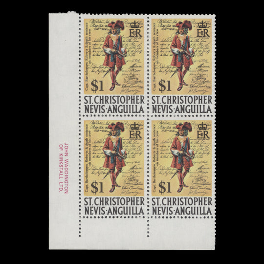 St Christopher Nevis Anguilla 1974 (MNH) $1 Bartholomew Roberts imprint block, PVAD