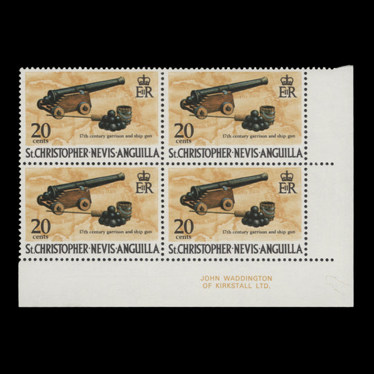 St Christopher Nevis Anguilla 1975 (MNH) 20c Cannon imprint block, spiral watermark