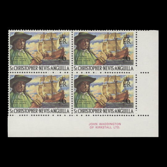 St Christopher Nevis Anguilla 1975 (MNH) 6c L'Ollonois and Pirate Carrack imprint block, spiral watermark