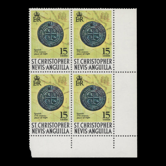 St Christopher Nevis Anguilla 1976 (MNH) 15c Piece-of-Eight block, spiral watermark