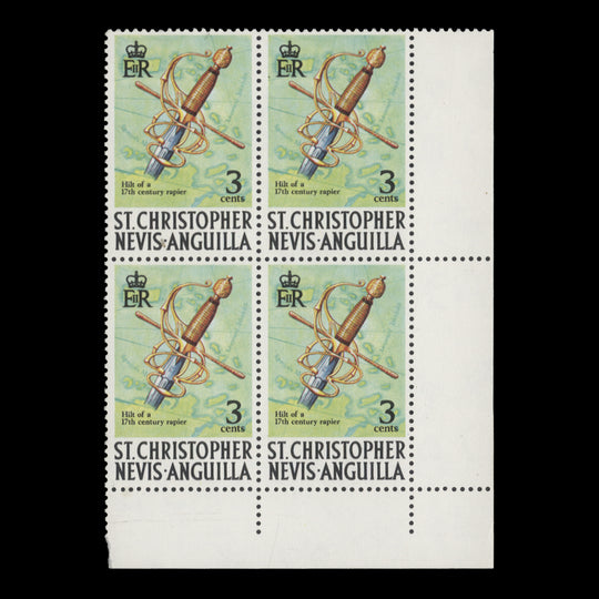 St Christopher Nevis Anguilla 1976 (MNH) 3c Rapier Hilt block, spiral watermark