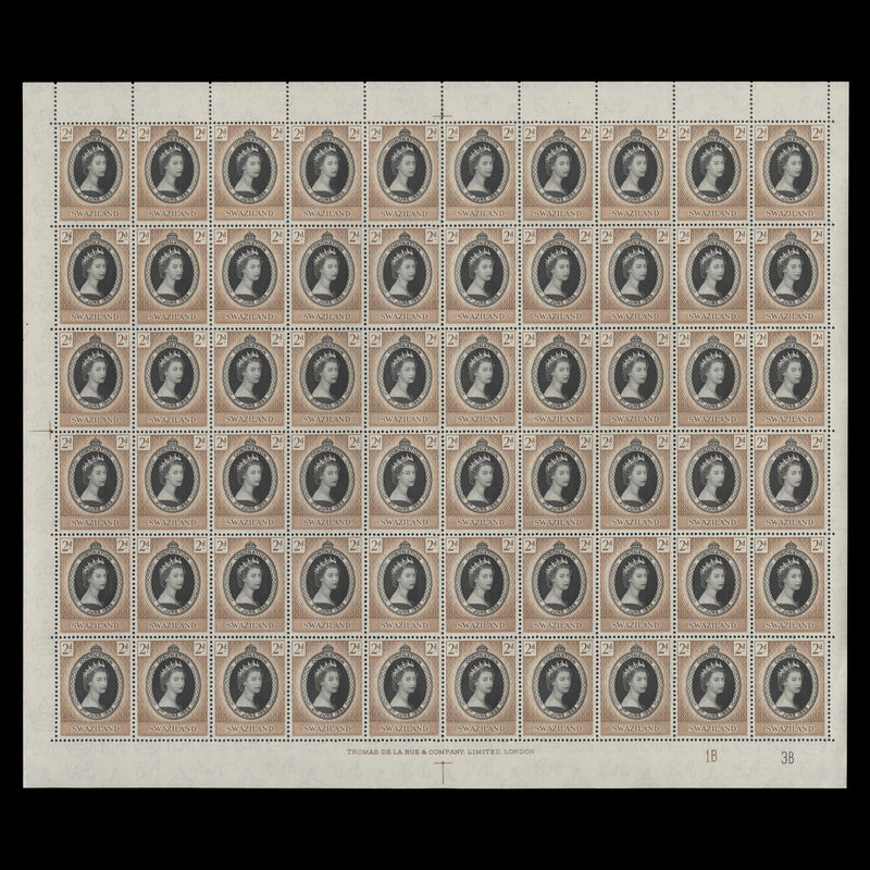 Swaziland 1953 (MNH) 2d Coronation plate 1B–3B pane of 60 stamps
