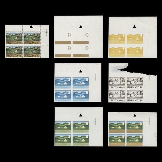 Swaziland 1968 (Variety) 4½c Independence imperforate progressive proof blocks