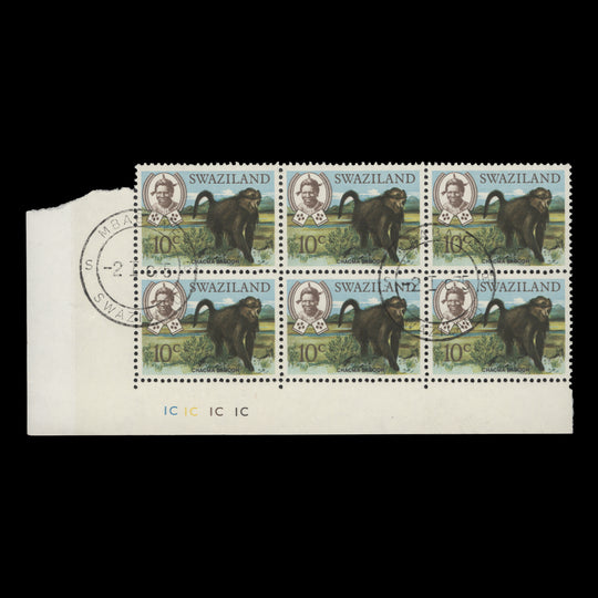 Swaziland 1969 (CTO) 10c Chacma Baboon plate 1C–1C–1C–1C block