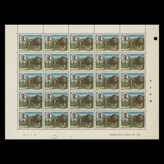 Swaziland 1969 (MNH) 3c Lion plate 1A–1A–1A–1A pane of 25 stamps