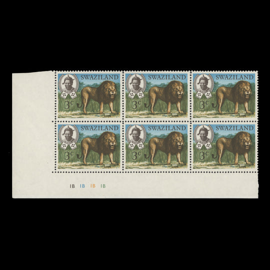 Swaziland 1969 (MNH) 3c Lion plate 1B–1B–1B–1B block