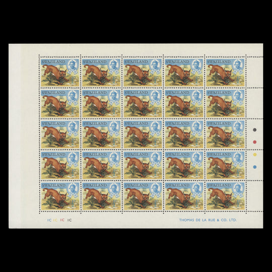 Swaziland 1969 (MNH) ½c Caracal plate 1C–1C–1C–1C pane of 25 stamps