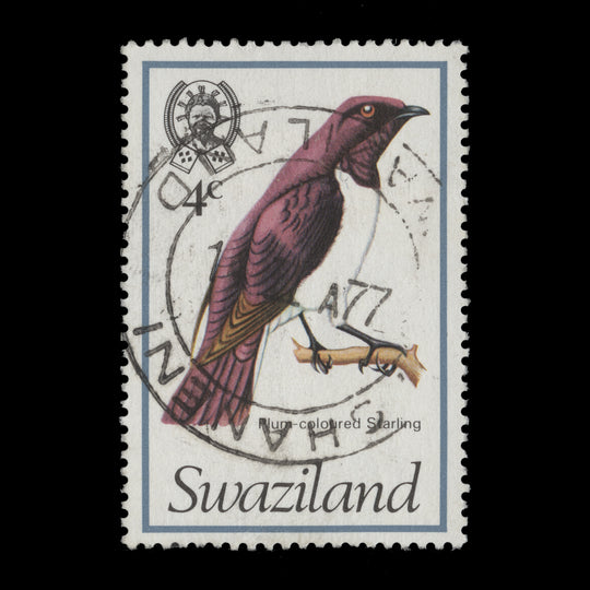 Swaziland 1976 (Used) 4c Plum-Coloured Starling with inverted date slug of cancel