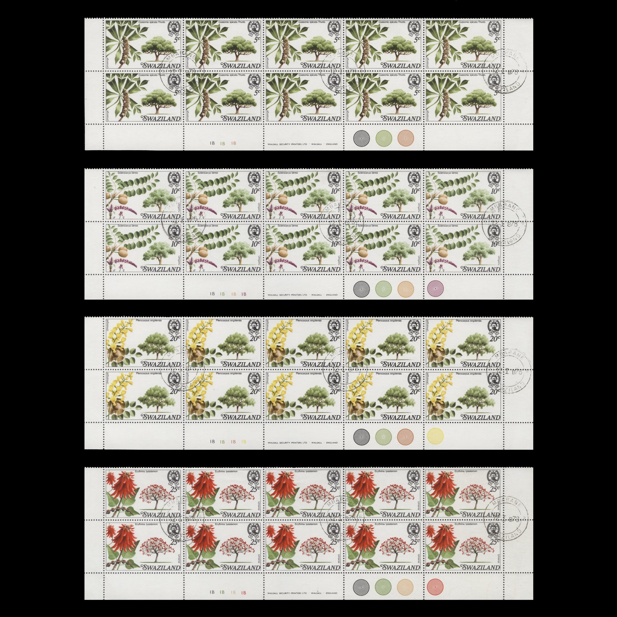 Swaziland 1978 (CTO) Trees traffic light/plate 1B blocks – ZEBOOSE.COM