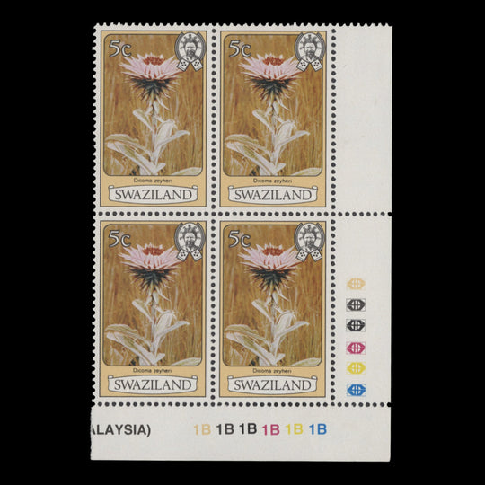 Swaziland 1980 (MNH) 5c Dicoma Zeyheri plate block, perf 12 x 12