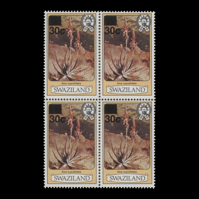 Swaziland 1984 (MNH) 30c/2c Aloe Suprafoliata block, perf 13½ x 13½, no imprint