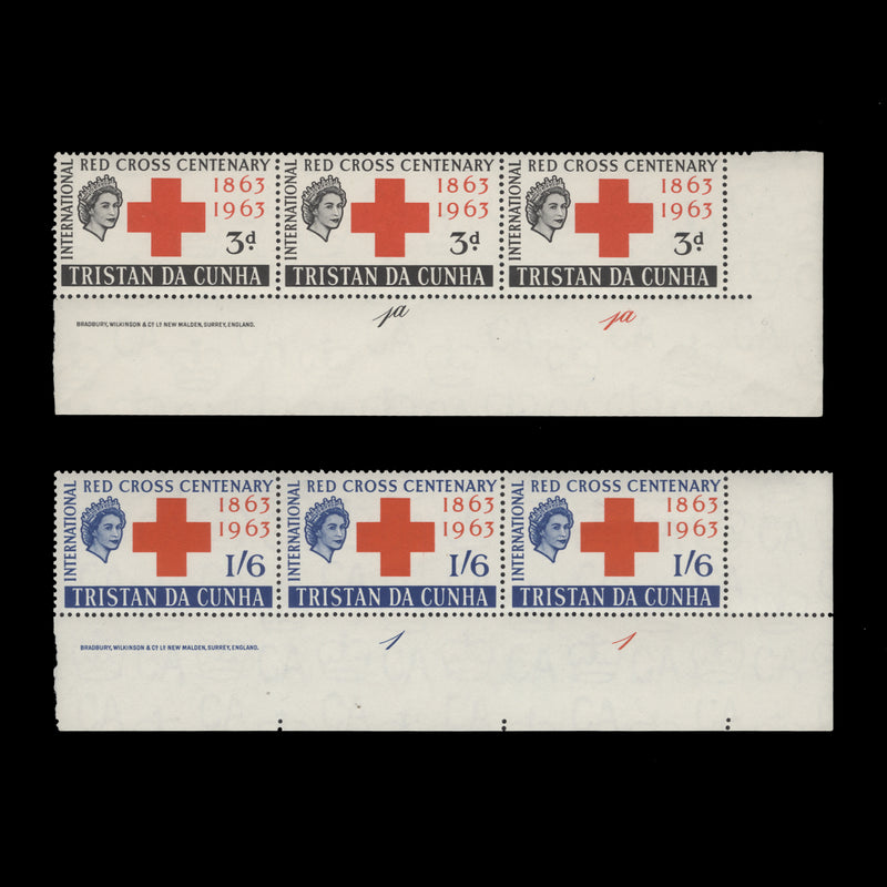 Tristan da Cunha 1964 (MNH) Red Cross Centenary imprint/plate strips