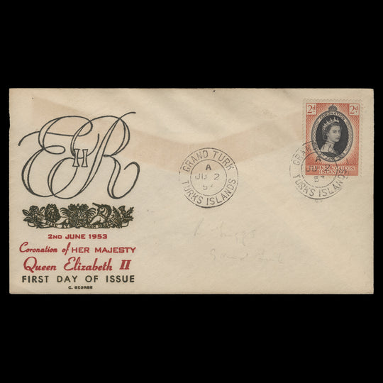 Turks & Caicos Islands 1953 (FDC) 2d Coronation, GRAND TURK